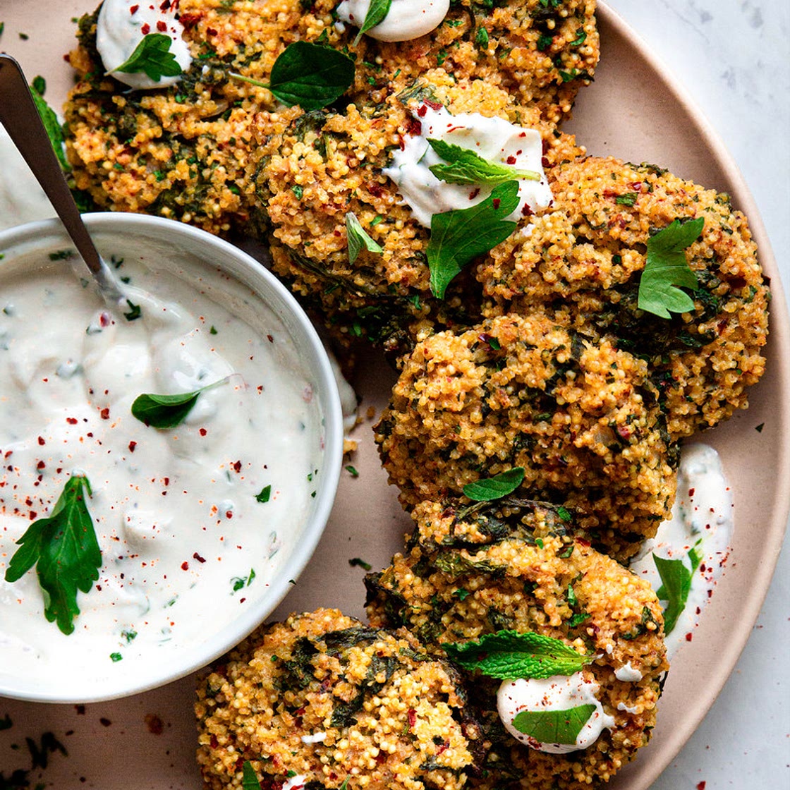 Vegan Millet Fritters with Lemony Yogurt Sauce