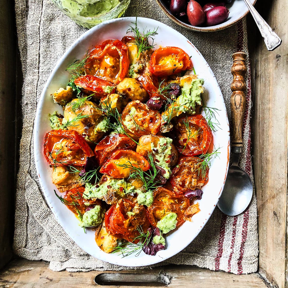 Roast tomato, crushed potato and pesto salad
