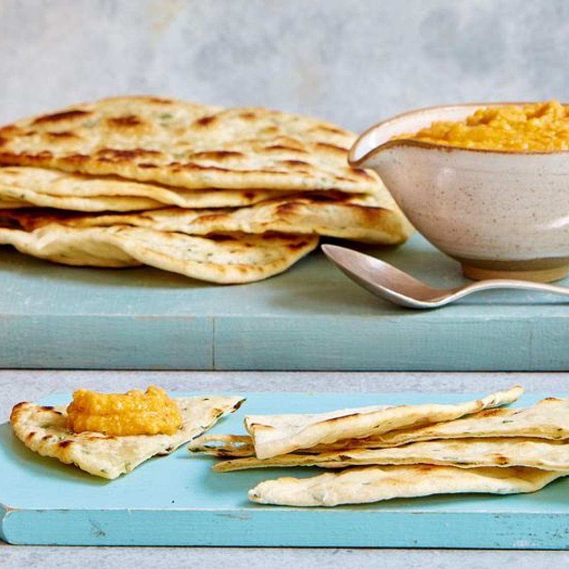 Mary Berry’s Spiced Carrot Hummus with Garlic Herb Flatbread