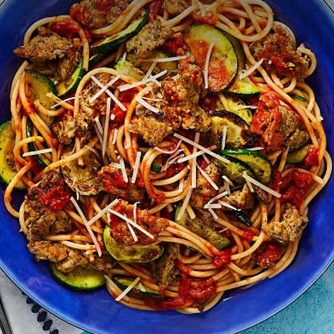 Chicken Sausage Spaghetti Bolognese with Zucchini & Parmesan