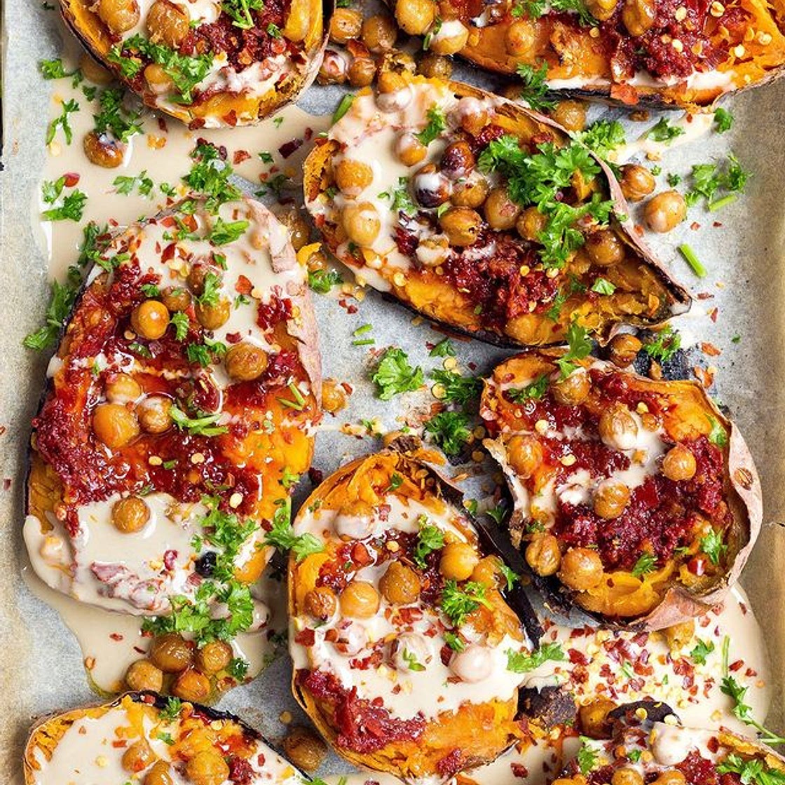 Harissa roasted sweet potatoes with tahini, our fave crispy chic
