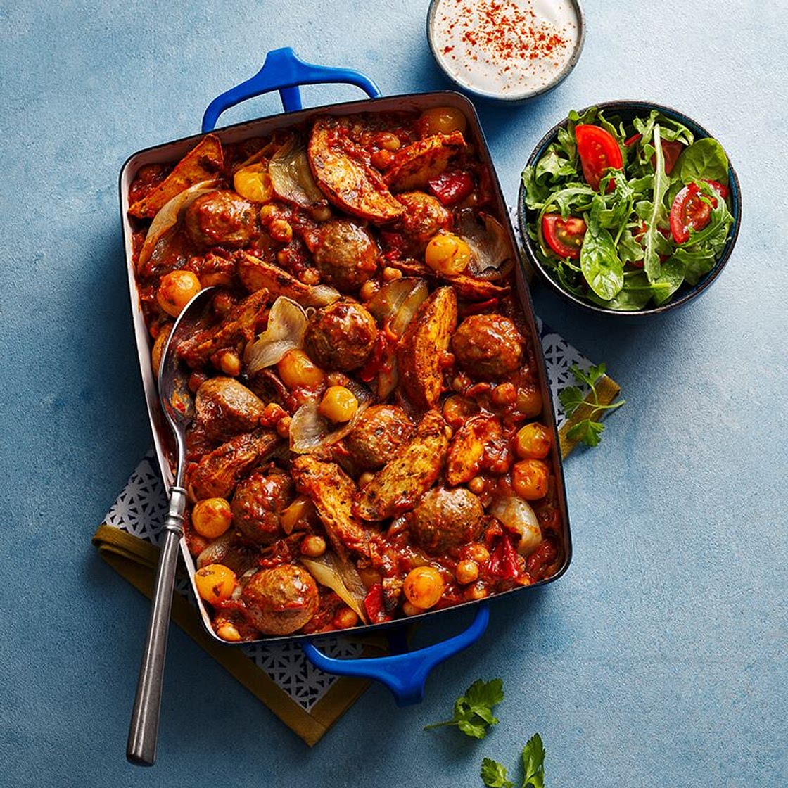 Smoky meatball tray bake with potato wedges