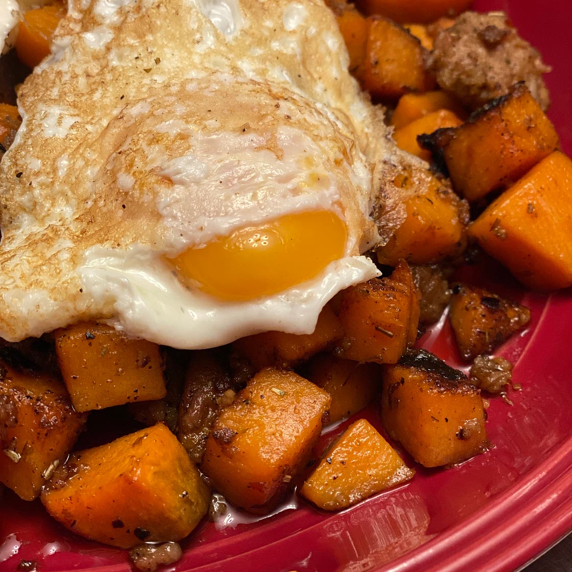 Sweet Potato Hash with Sausage and Eggs {Paleo & Whole30}