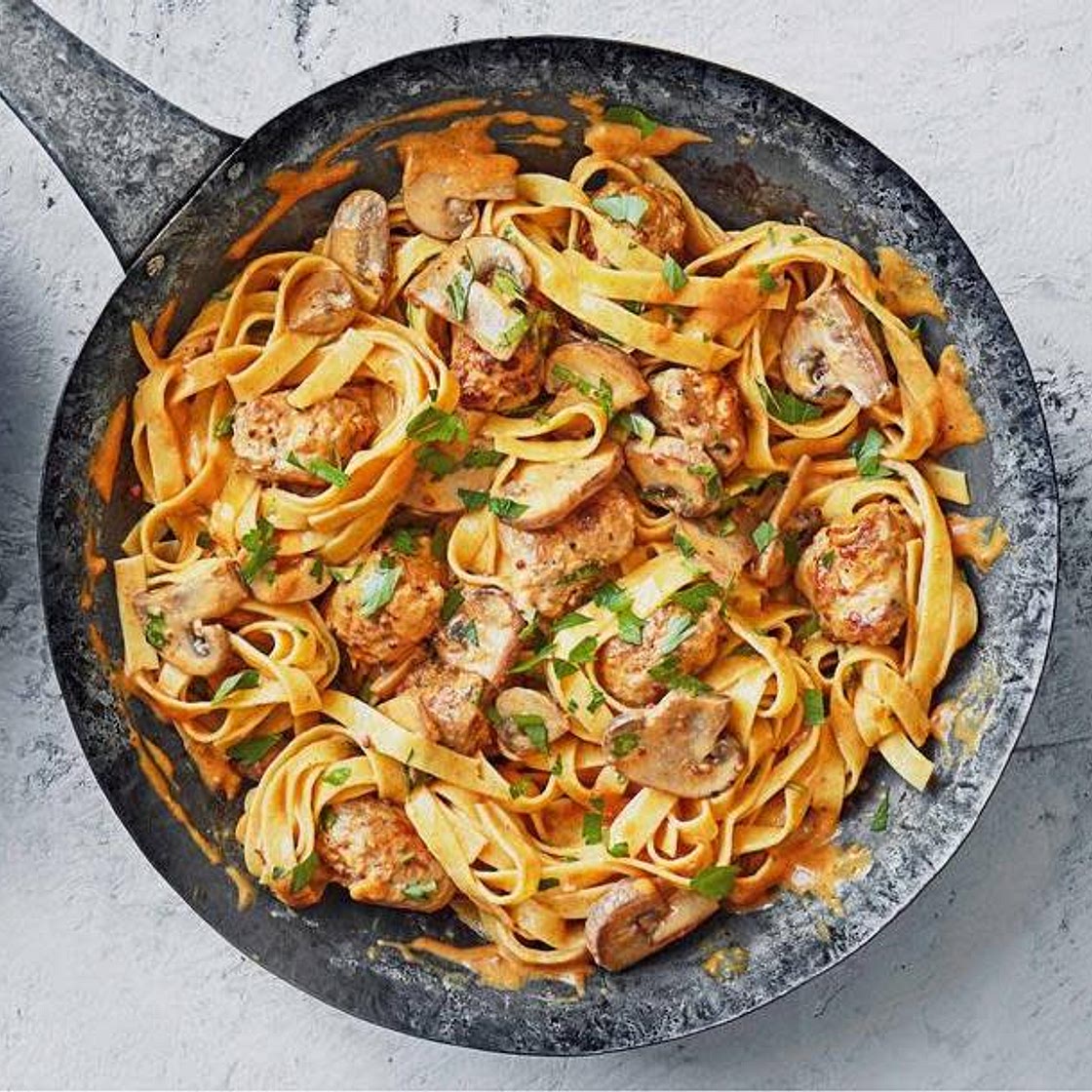 Speedy sausage stroganoff tagliatelle