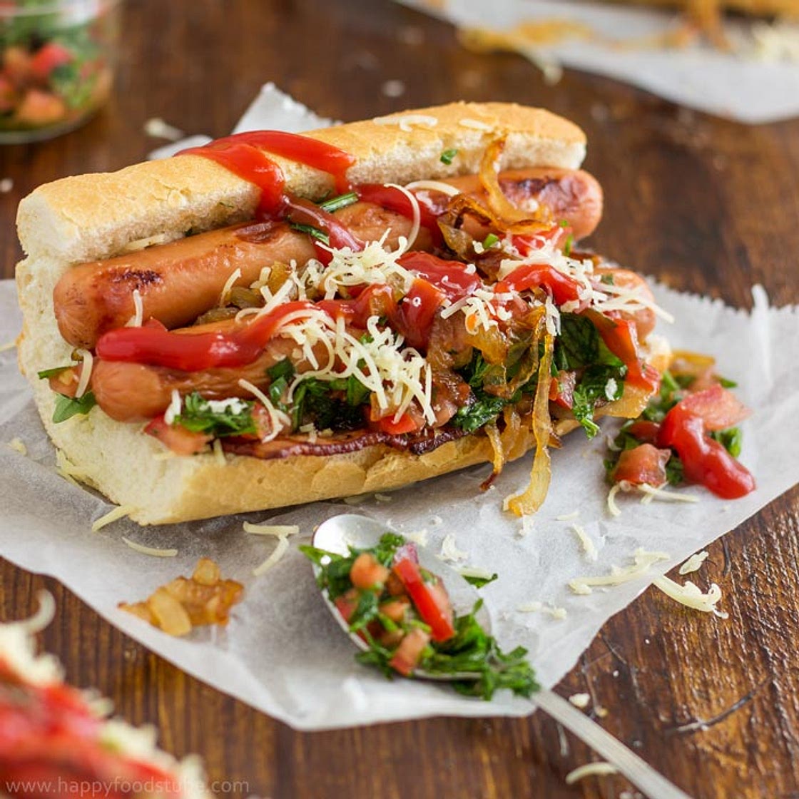 Homemade Gourmet Hot Dog with Bacon and Salsa