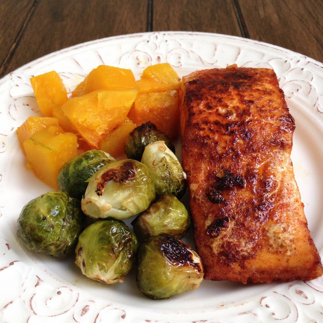 Lemon Garlic Salmon with Roasted Butternut Squash and Brussels Sprouts