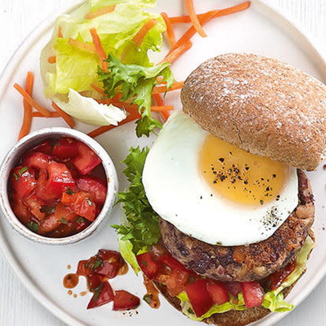 Egg-topped veggie bean burgers