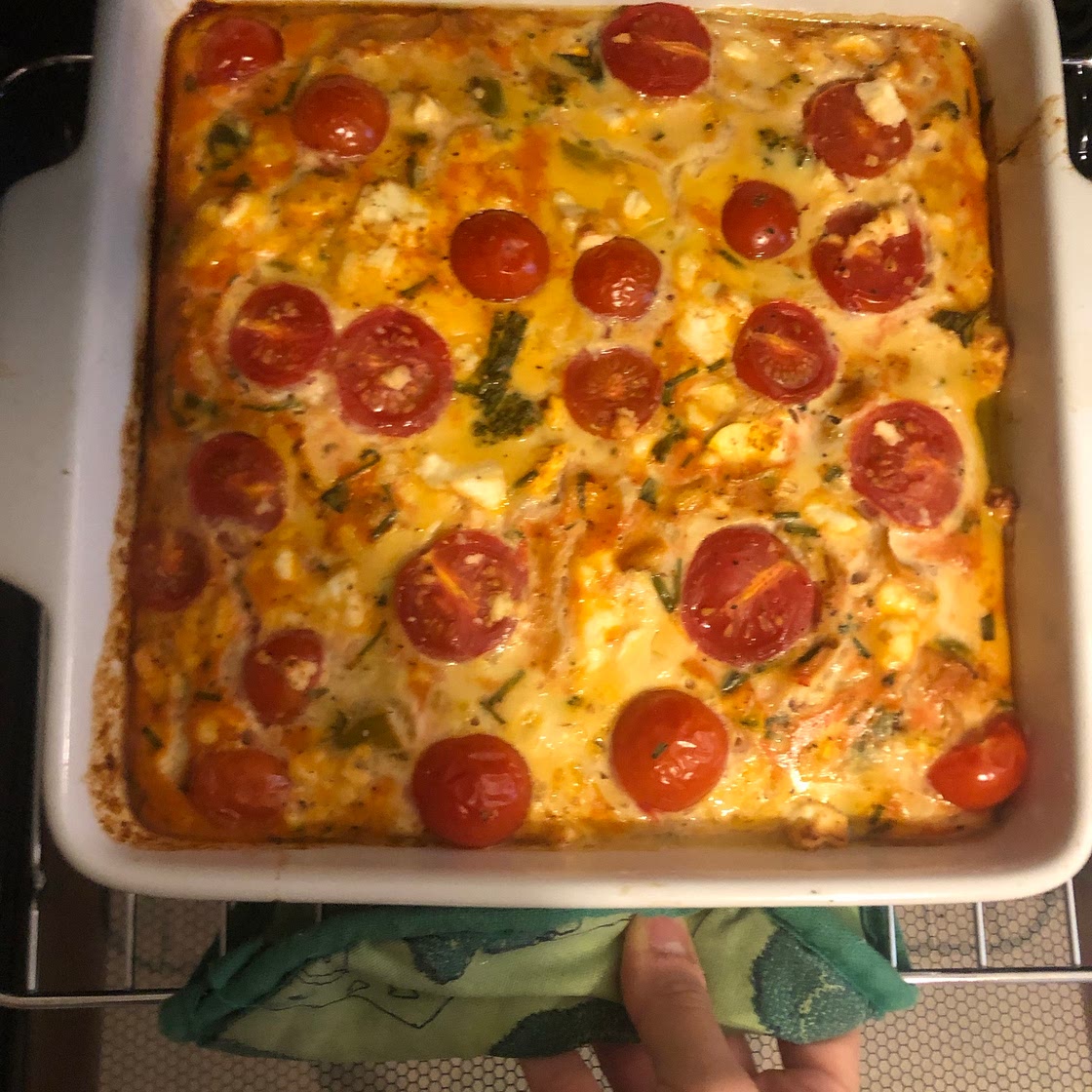 Summer greens, tomato and basil frittata