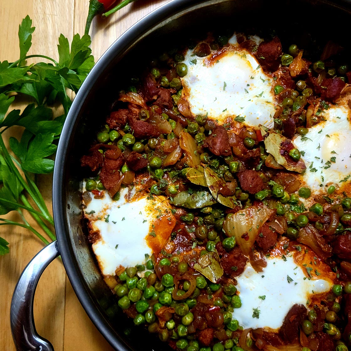 Ervilhas com Ovos Escalfados (Portuguese Braised Peas with Poached Eggs & Chourico).