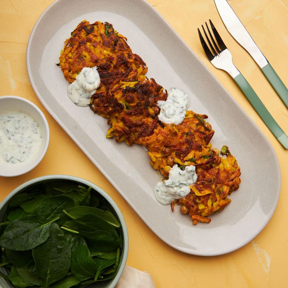 Vegetable Fritters with Yoghurt and Spinach