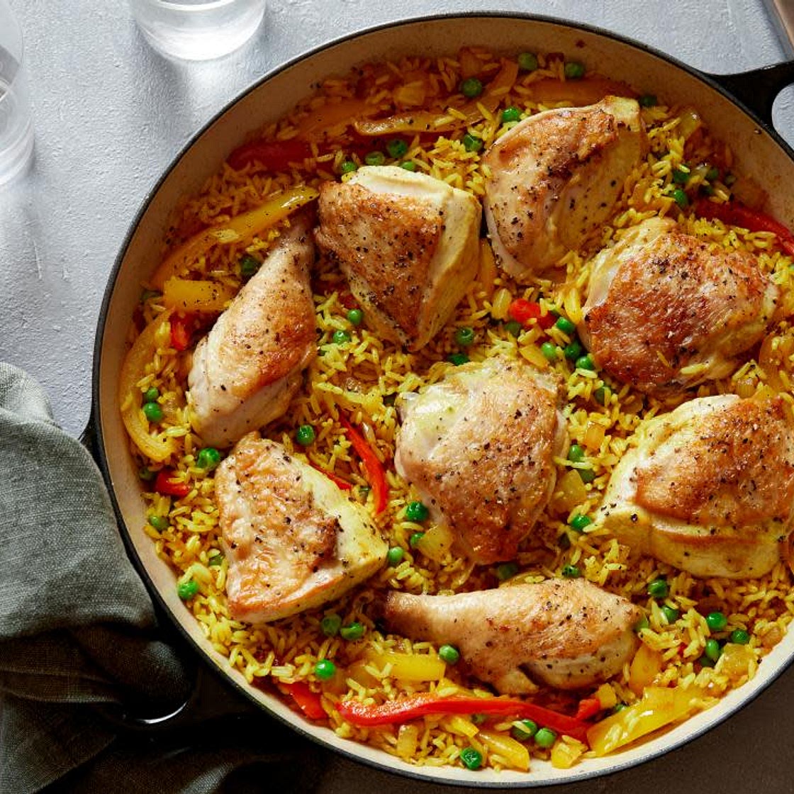 Cuban Baked Chicken with Sweet Peppers and Yellow Rice