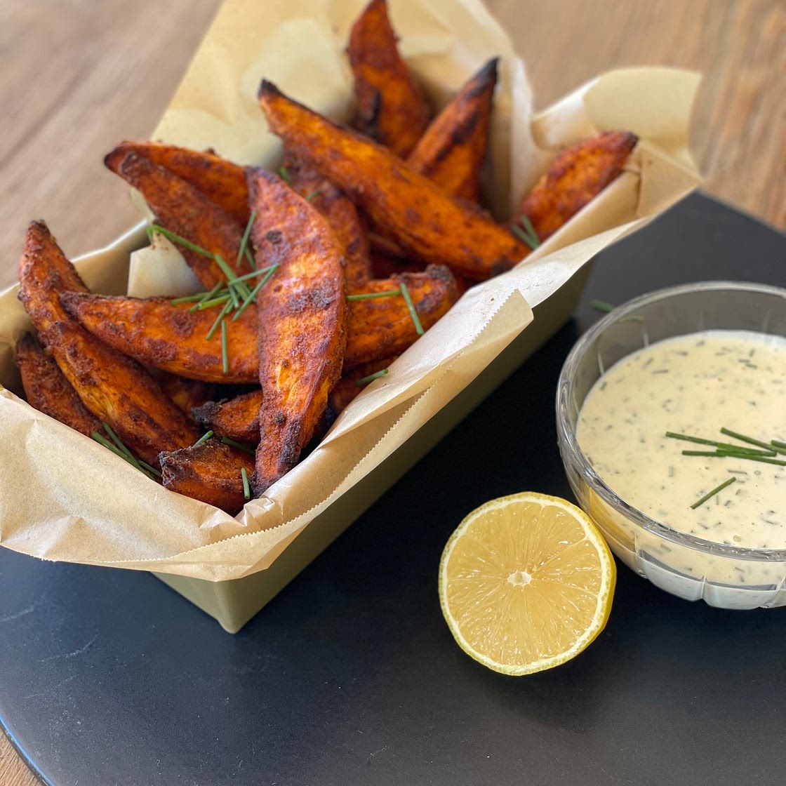 Spiced Sweet Potato Wedges with Lemon Yogurt Dip