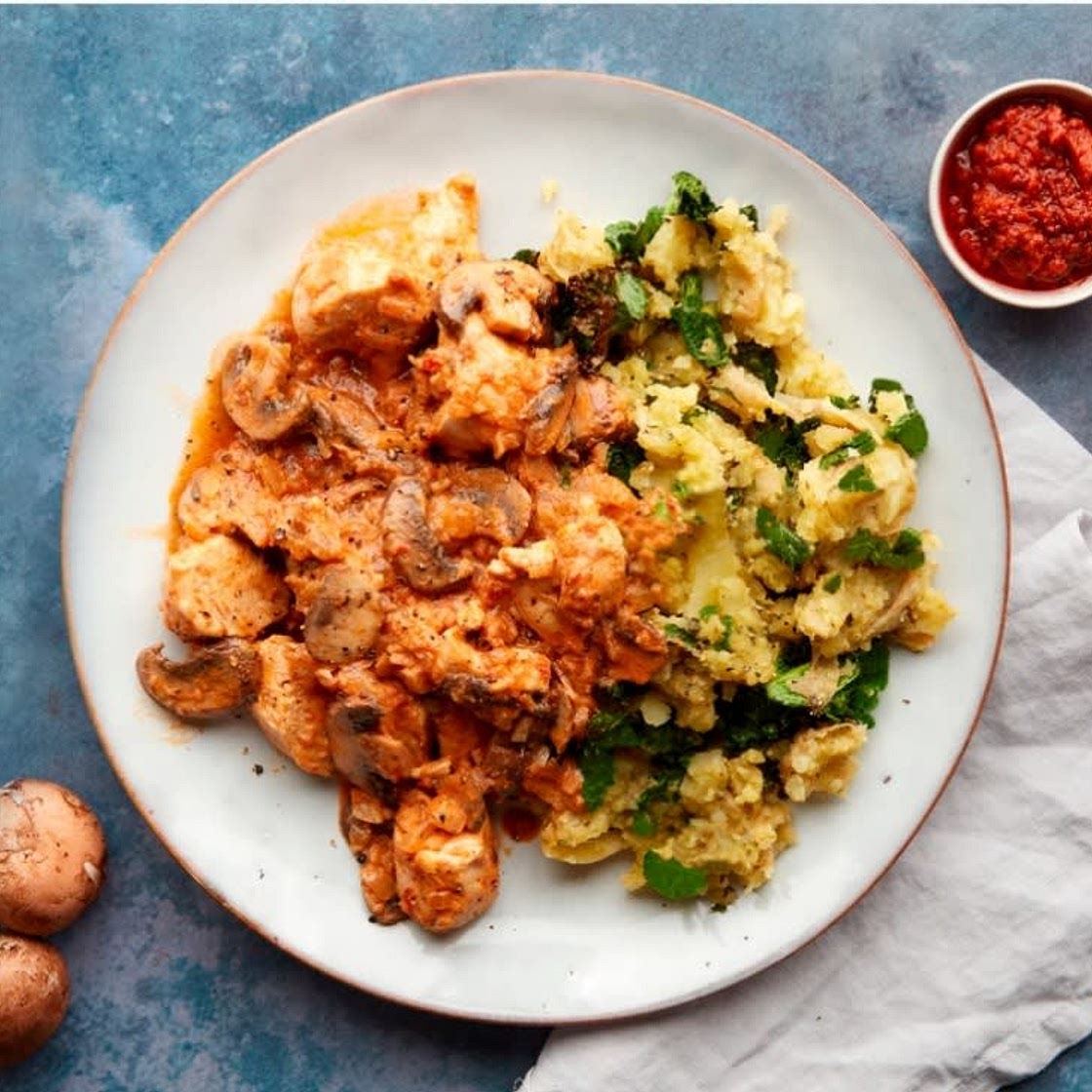 Chicken & mushroom stroganoff with pesto mash