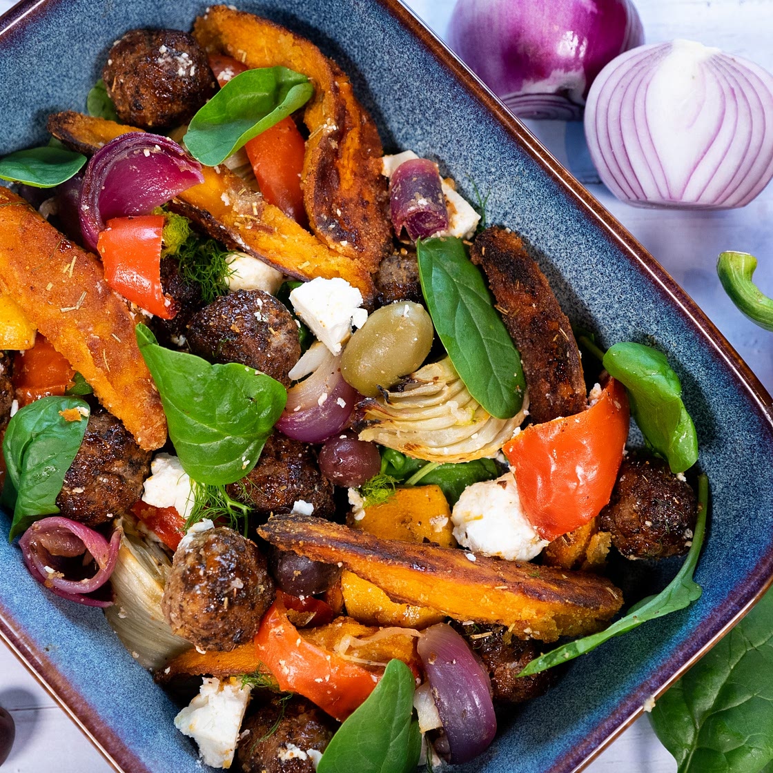 Minted Lamb Meatballs & Sweet Potato Traybake by Pureety