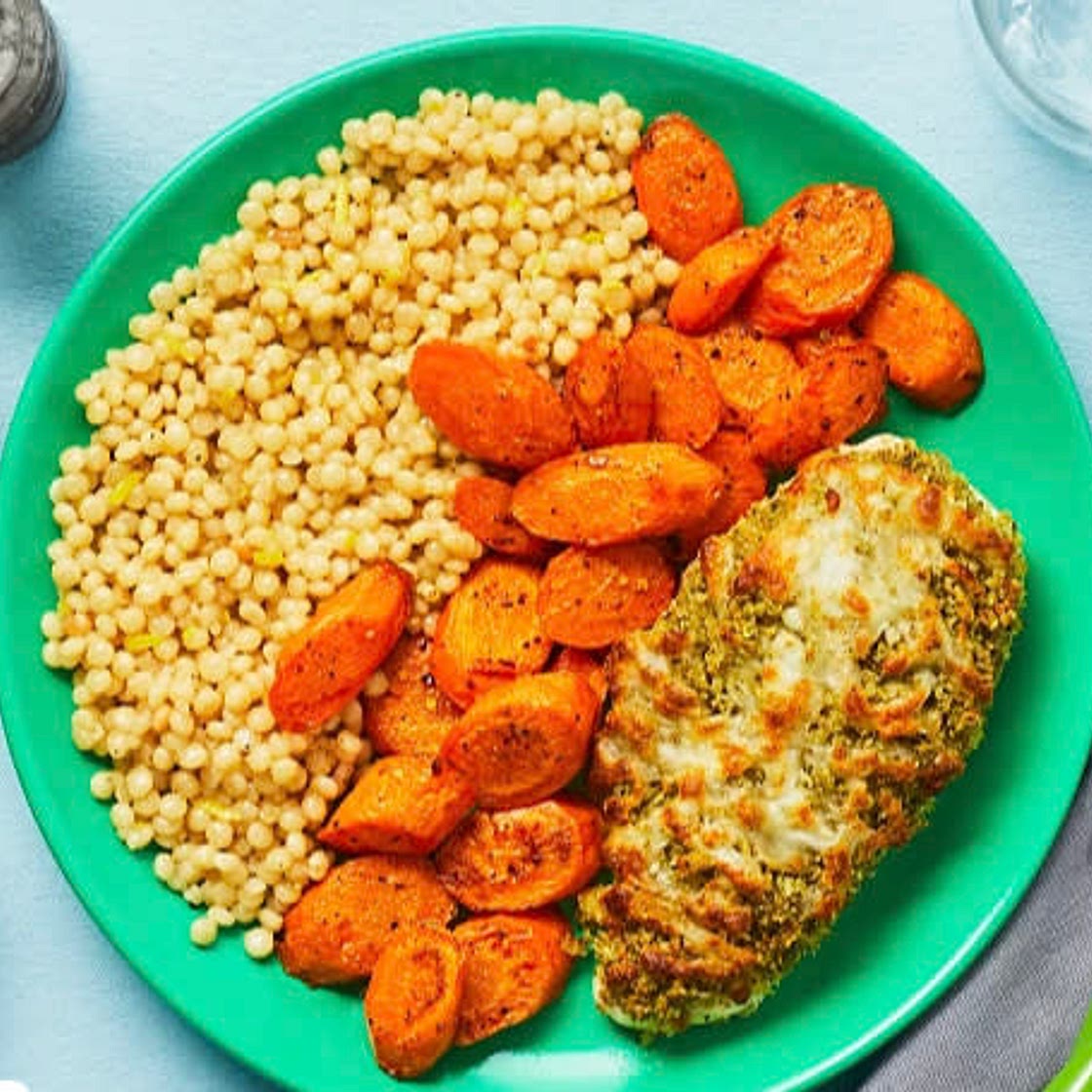 Mozzarella & Herb Chicken with Roasted Carrots Israeli Couscous 