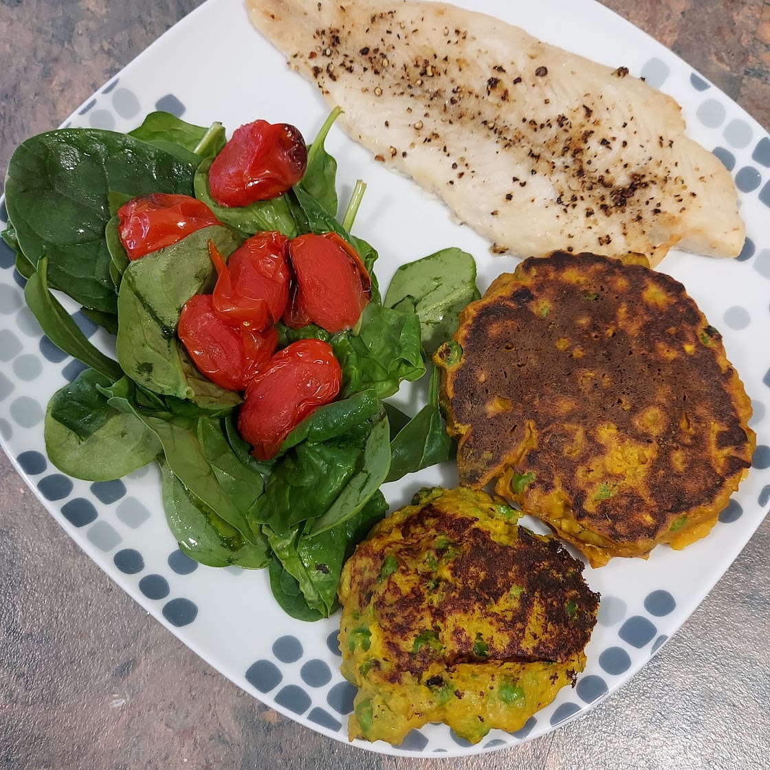 SEA BASS WITH SPICED PEA AND POTATO CAKES