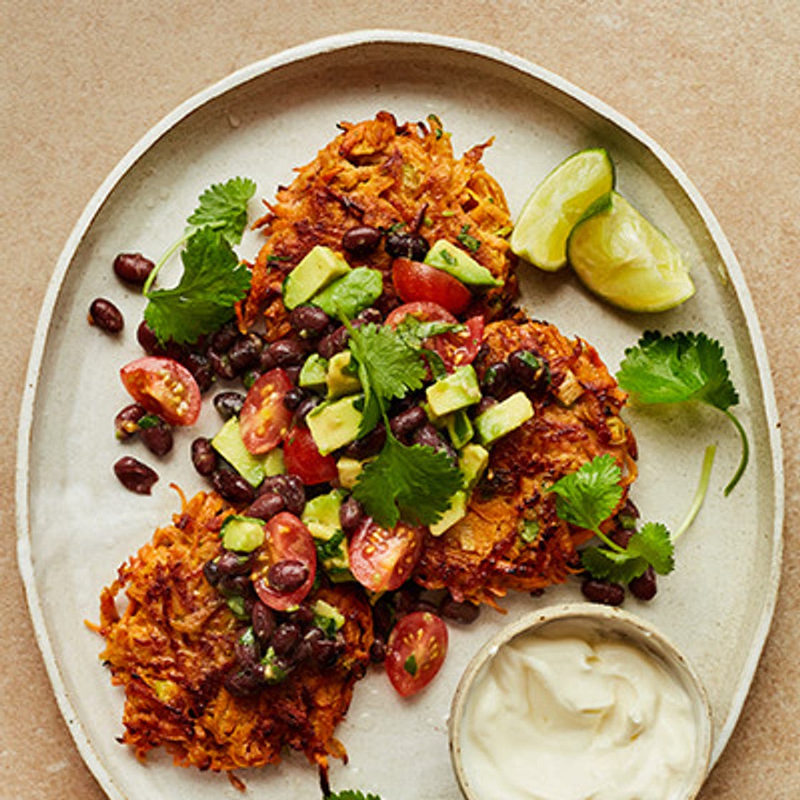 Sweet potato fritters with black bean salsa
