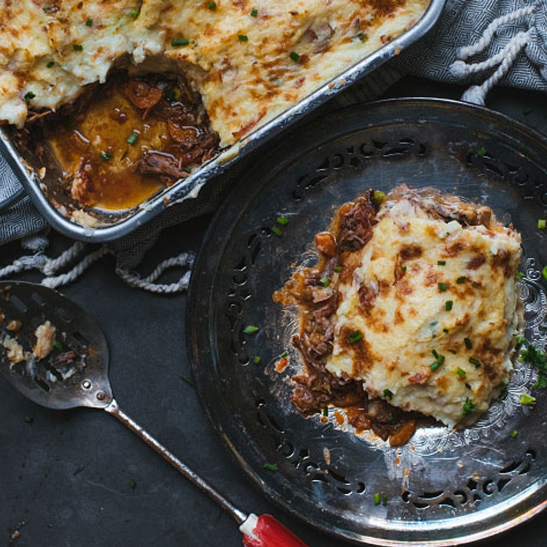 Parmentier avec boeuf braisé au vin rouge