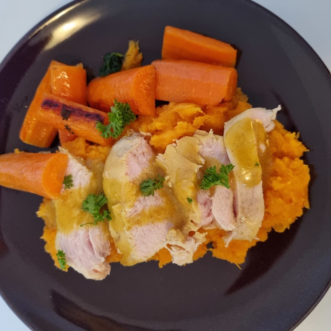 Sous Vide Honey Mustard Chicken Breast with Sweet Potato Mash