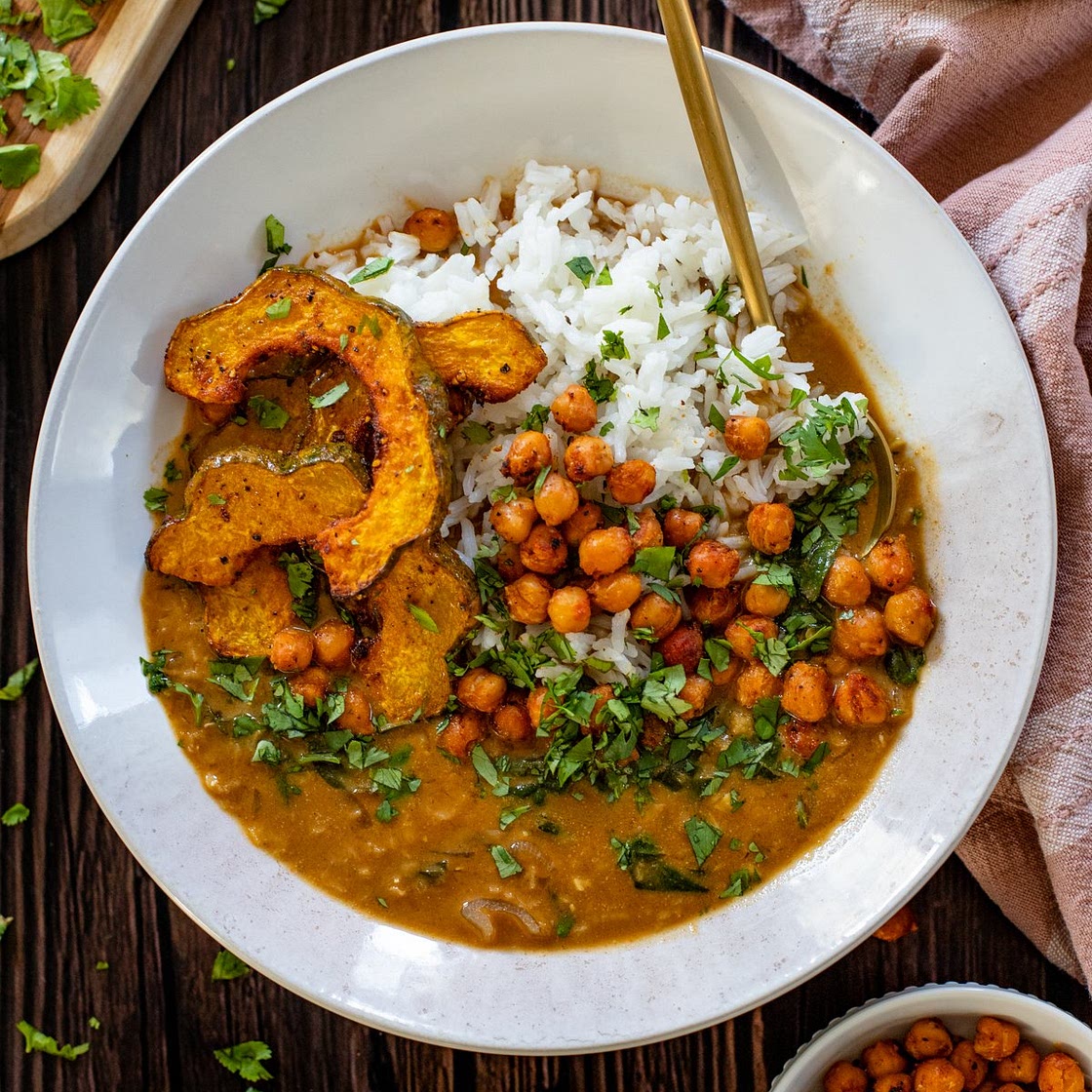 Acorn Squash Curry with Lentils & Roasted Chickpeas