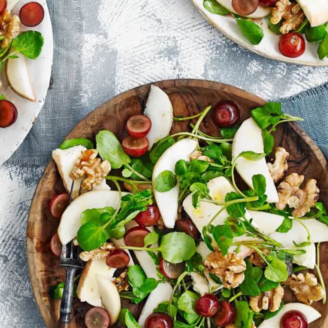 Pickled grape salad with pear, taleggio and walnuts