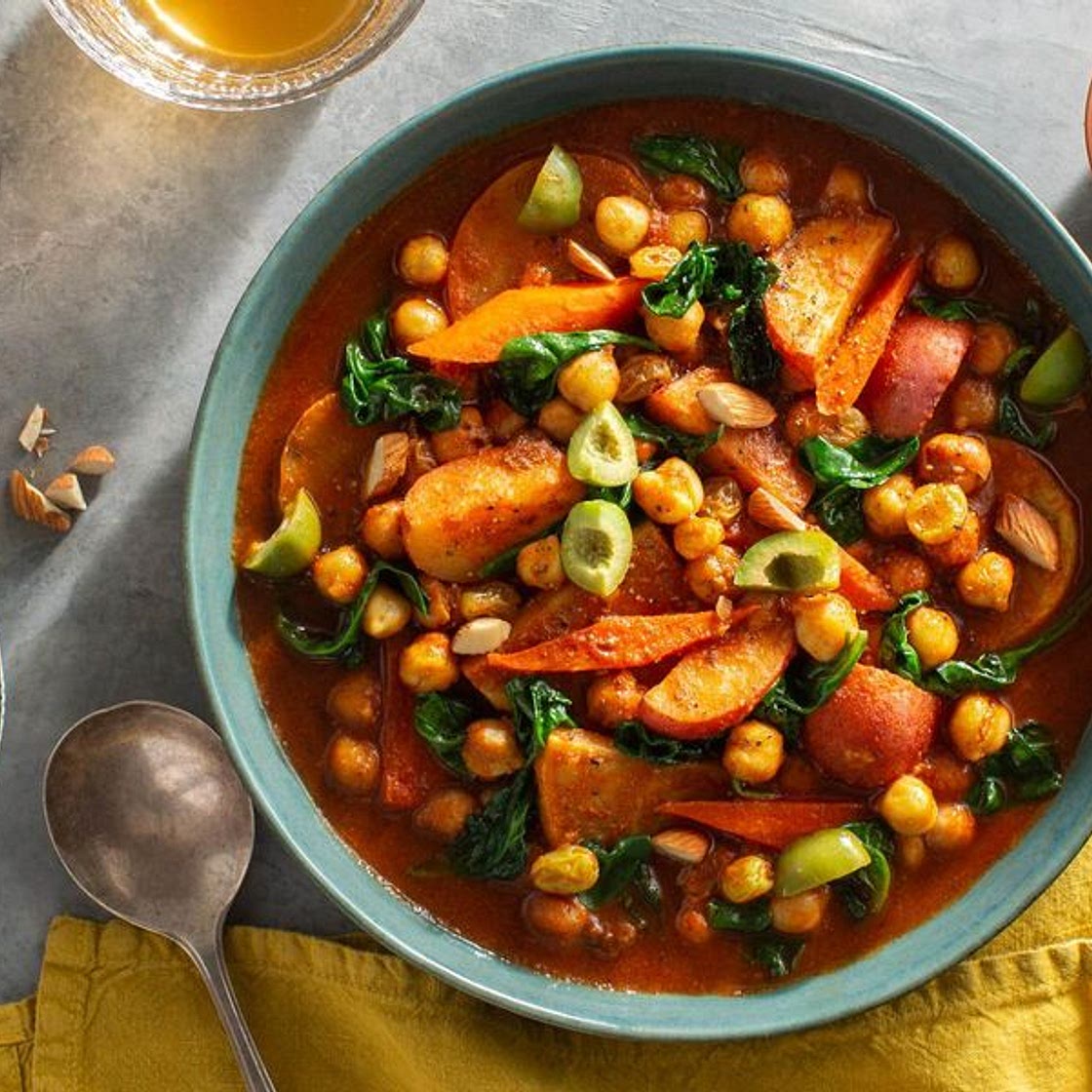 Moroccan root vegetable and chickpea tagine with almonds and raisins