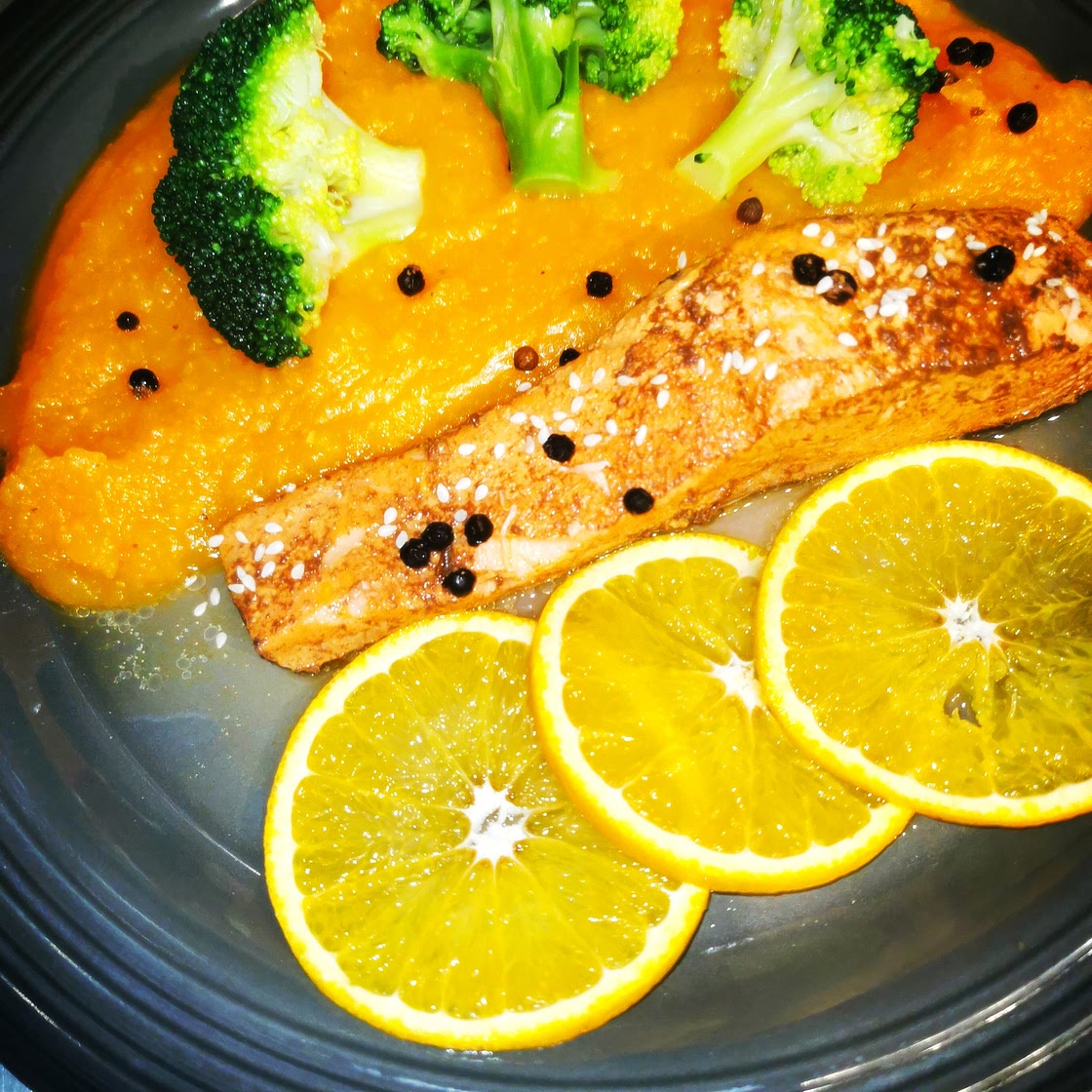 Tea infused Salmon with butternut squash velouté
