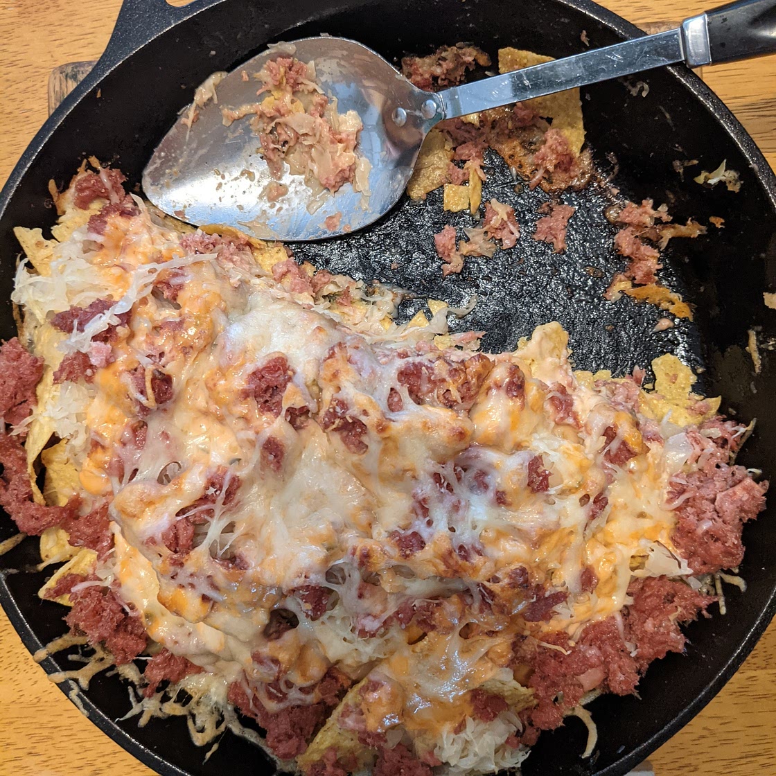 Double Decker Reuben Nachos in Cast Iron