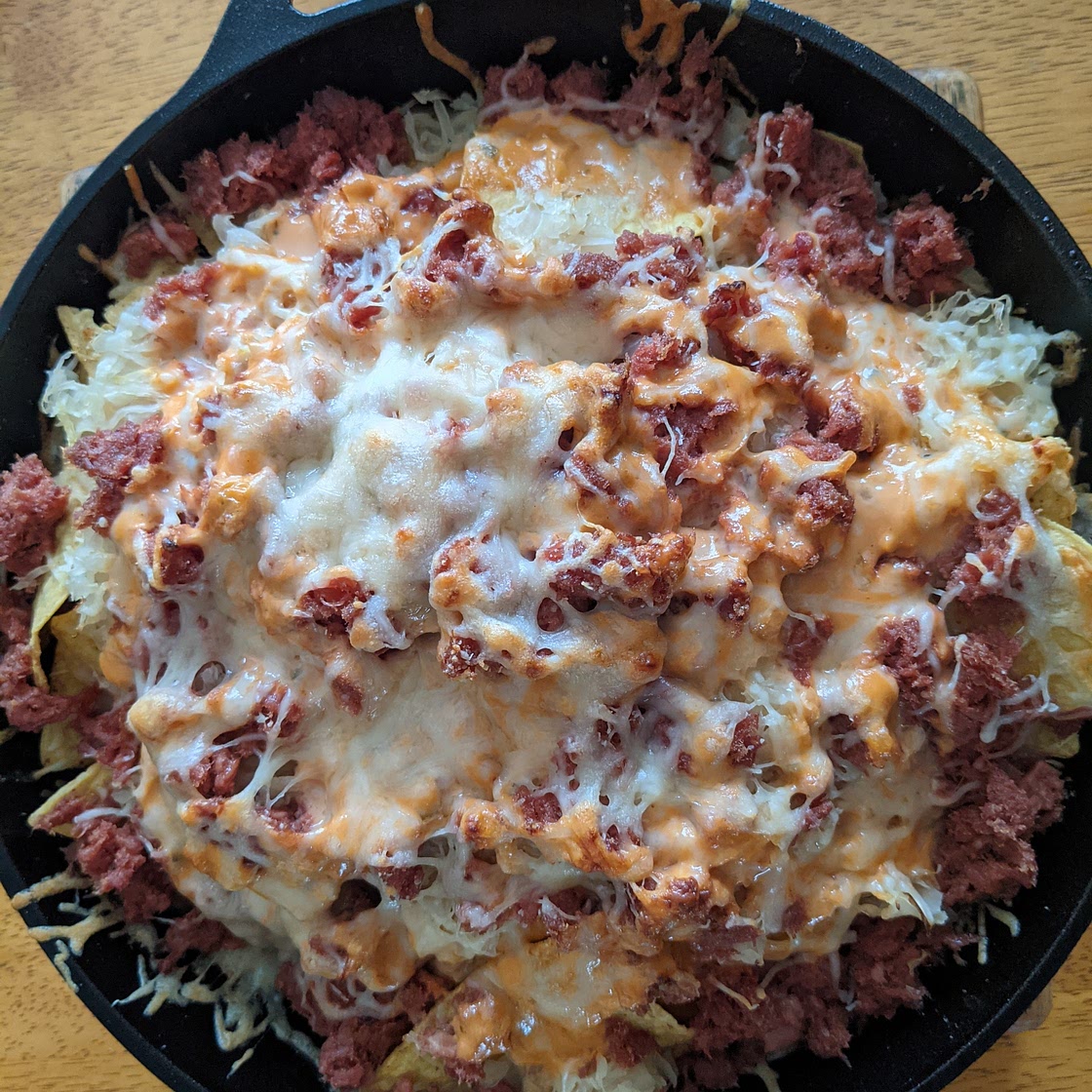 Double Decker Reuben Nachos in Cast Iron