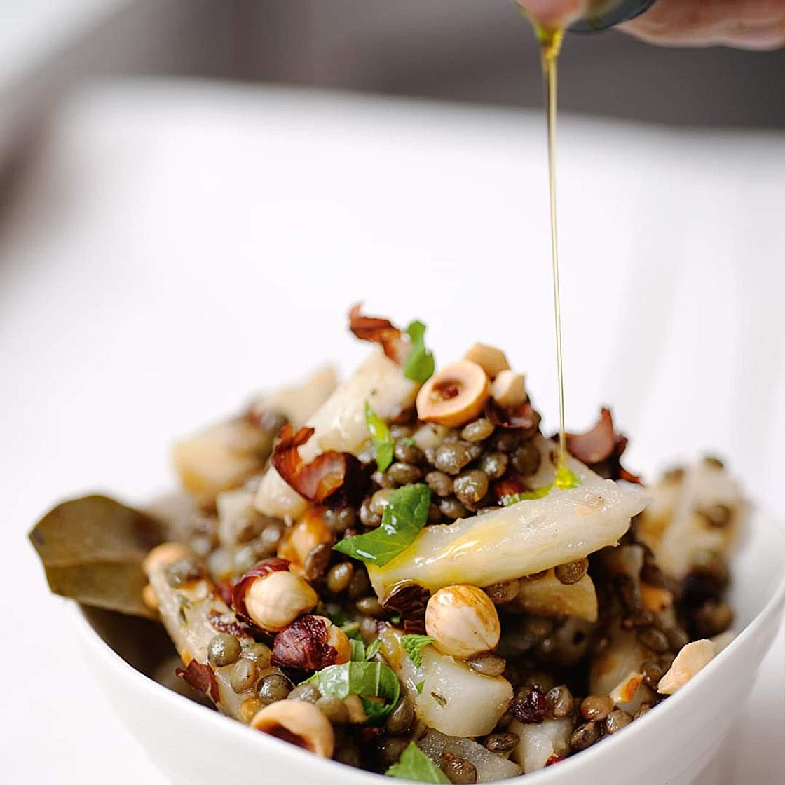 Celeriac and lentils with hazelnuts and mint