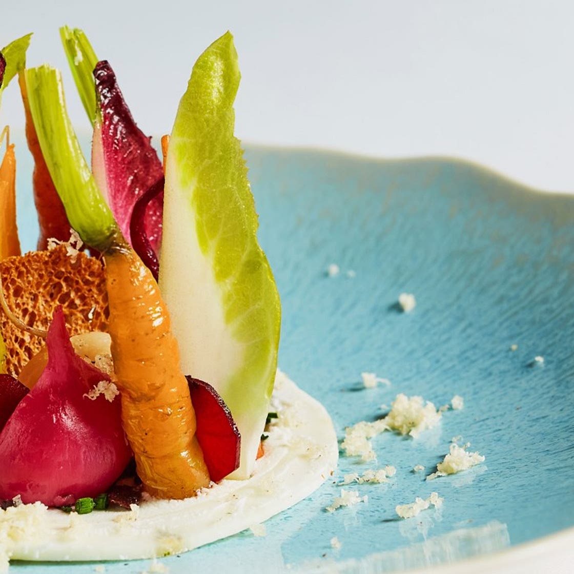 Salad of autumn vegetables with goat's curd and cobnuts