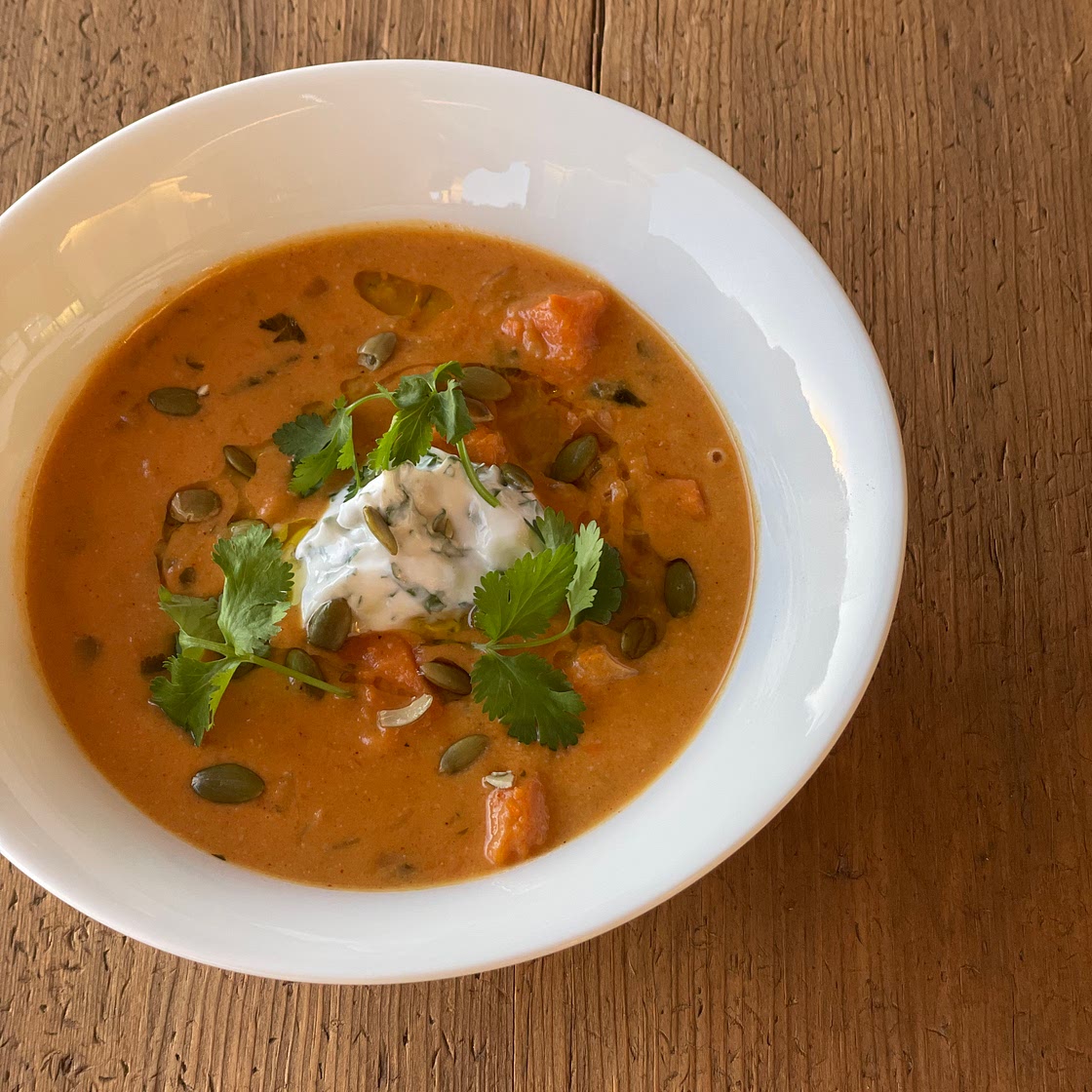 Roasted Sweet Potato Soup with Miso and Coconut