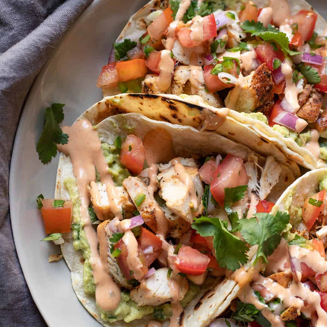 Chicken Street Tacos with Guacamole and Chipotle Aioli