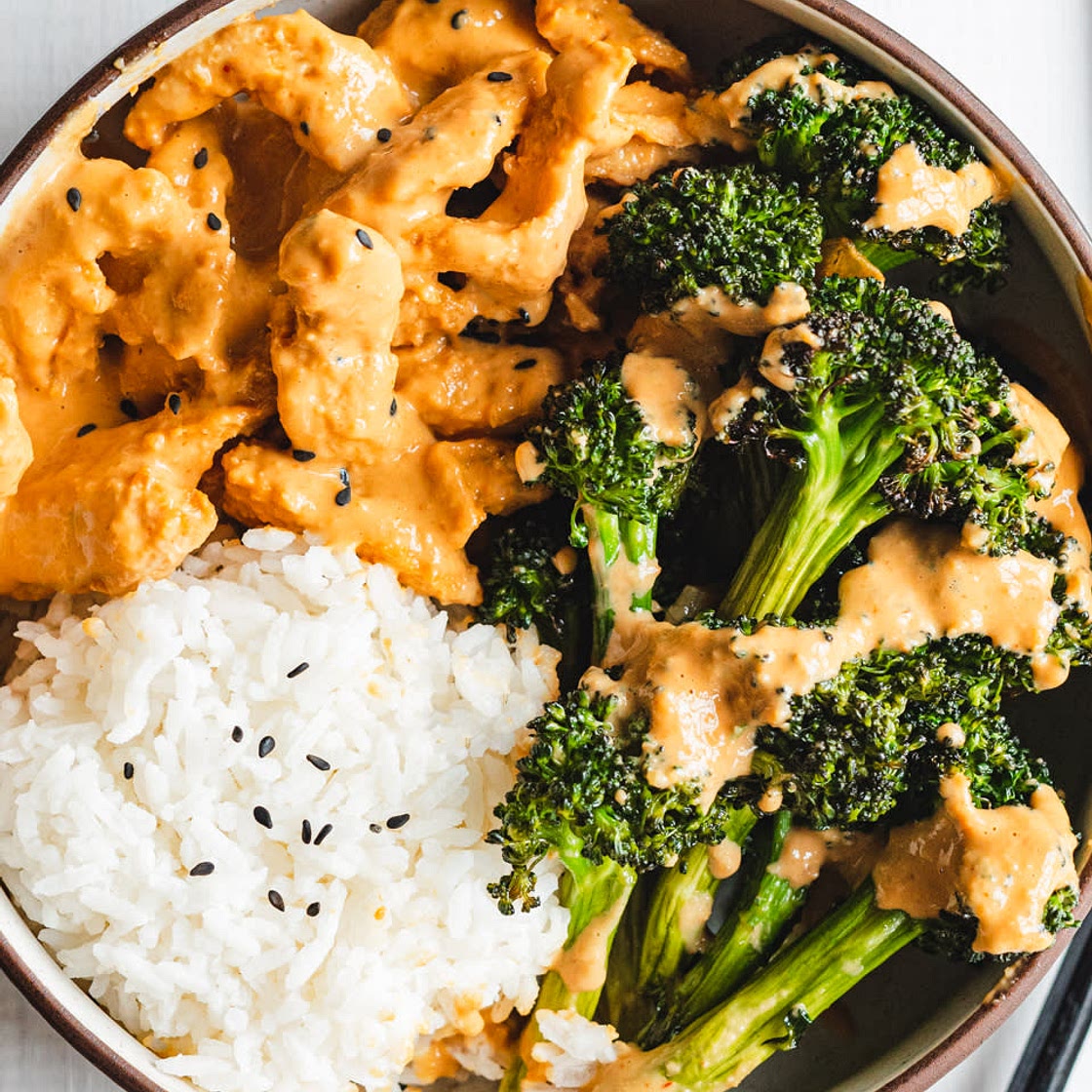 Soy Curls in Creamy Peanut Sauce with Garlicky Broccoli