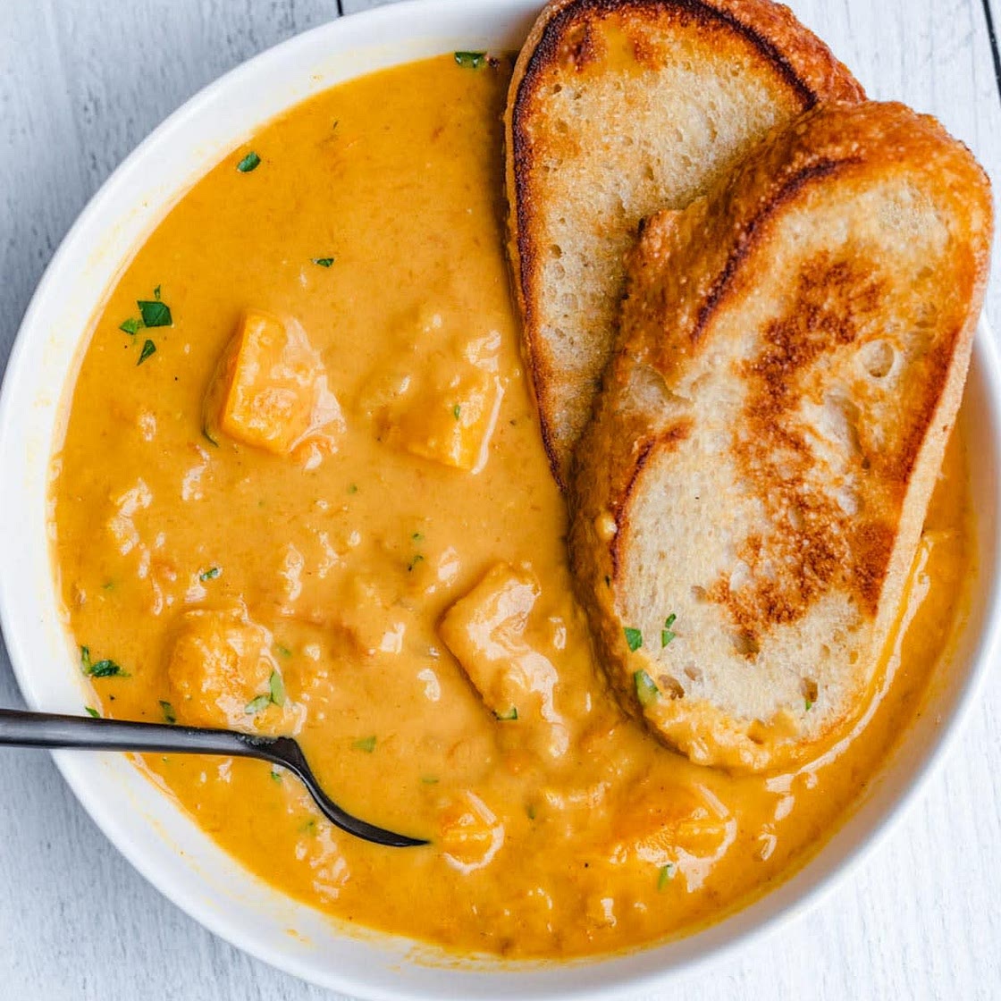 Curried Butternut Squash Red Lentil Soup with Crispy Sourdough