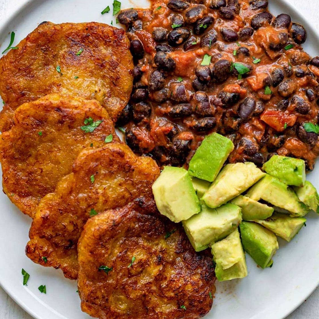 Creamy Almond Butter Black Bean Chili & Plantain Fritters