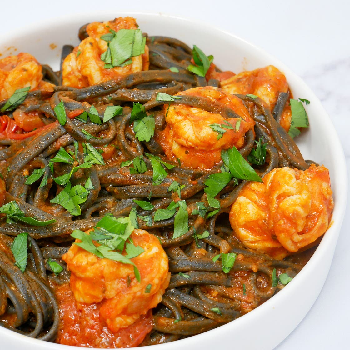 Squid Ink Linguine in a Garlic White Wine Tomato Sauce
