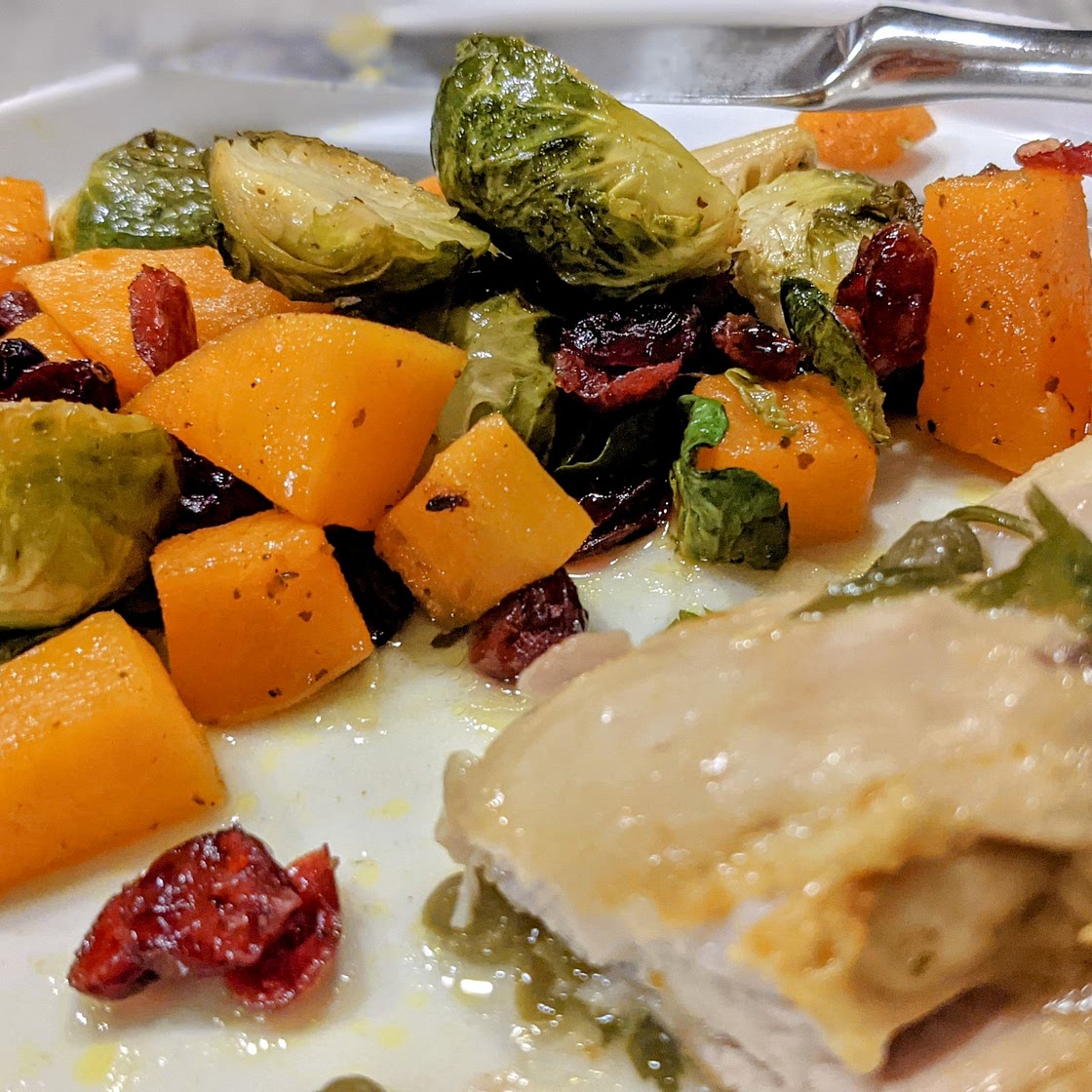 Roasted Brussels Sprouts Salad with Maple Butternut Squash, Pumpkin Seeds, and Cranberries