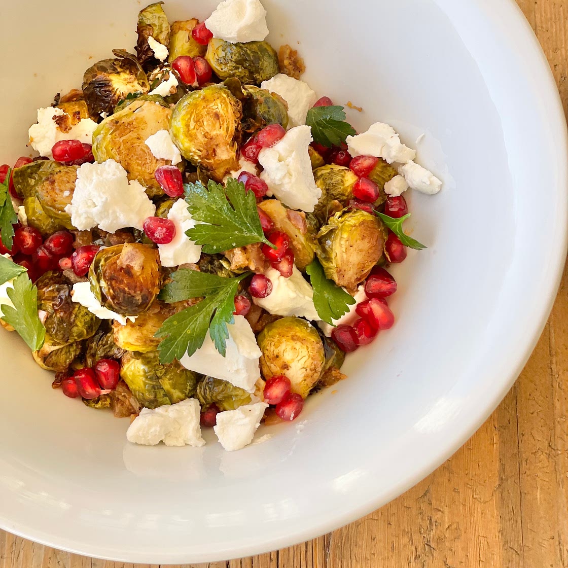 Maple Butter Roasted Brussels with Goat Cheese