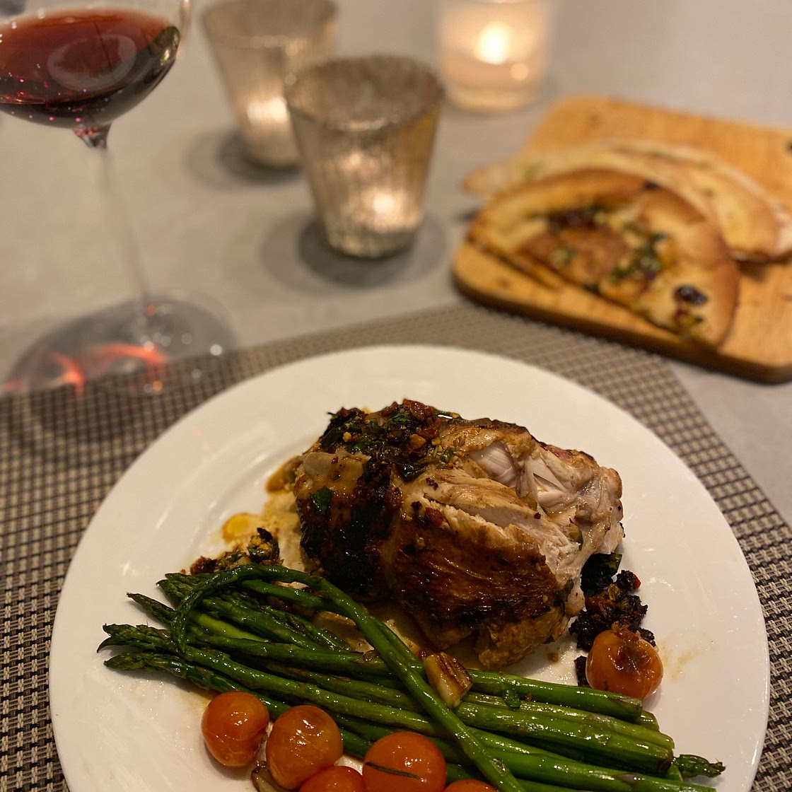 Stuffed Cypriot Chicken with Pan-fried Asparagus and Vine Tomatoes