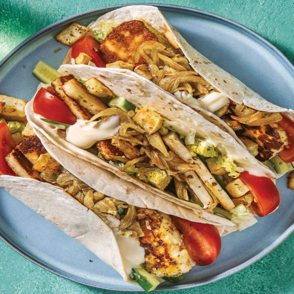 Herby Haloumi & Roasted Potato Tacos with Caramelised Onion & Garlic Aioli
