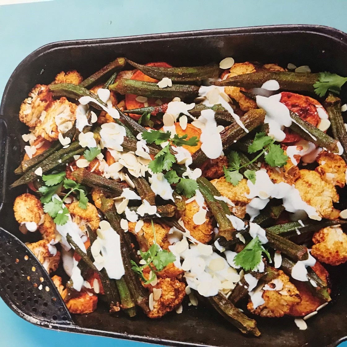 Spiced Roast Cauliflower, sweet potato and okra with yoghurt and almonds