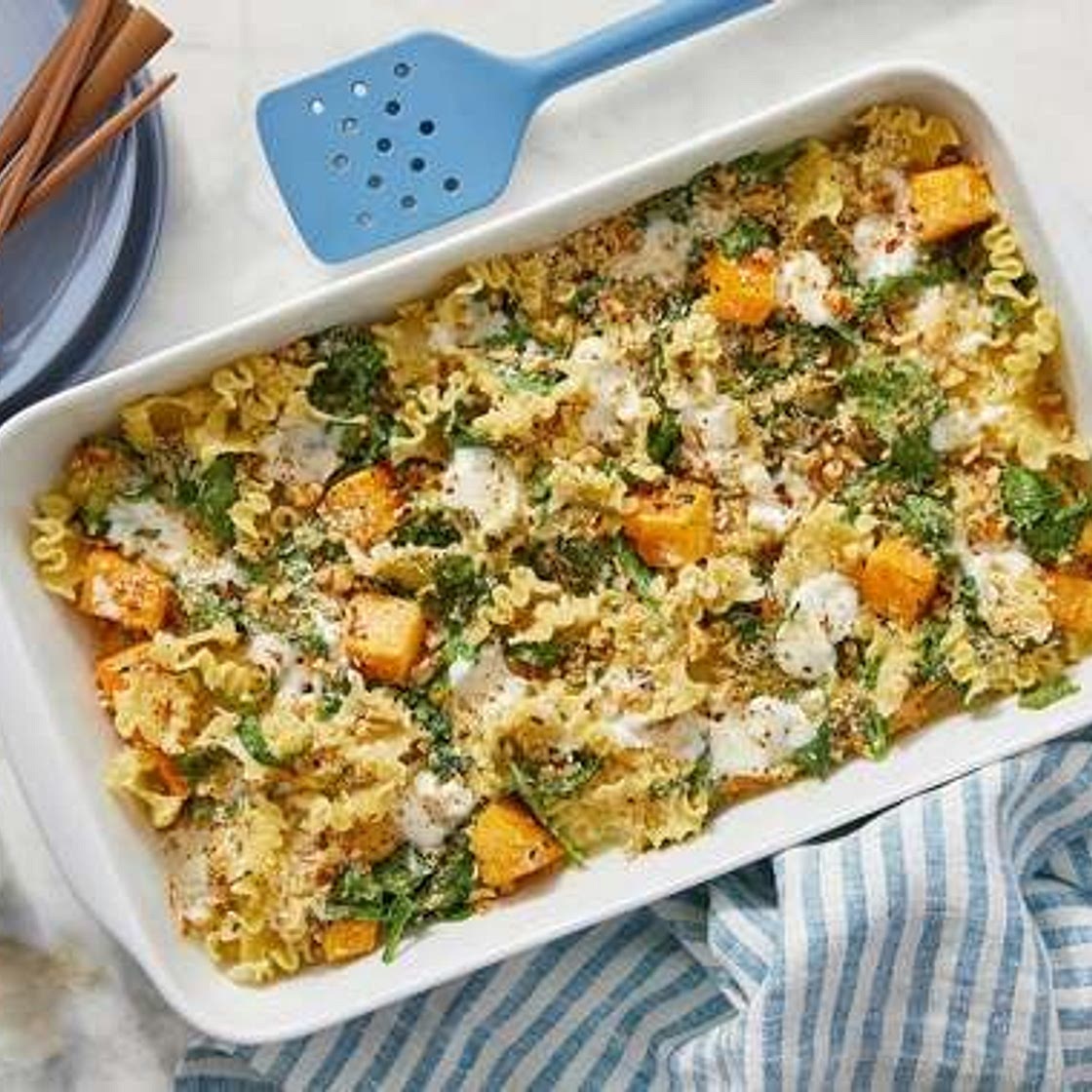 Creamy Butternut Squash Pasta Bake with Spinach & Walnuts