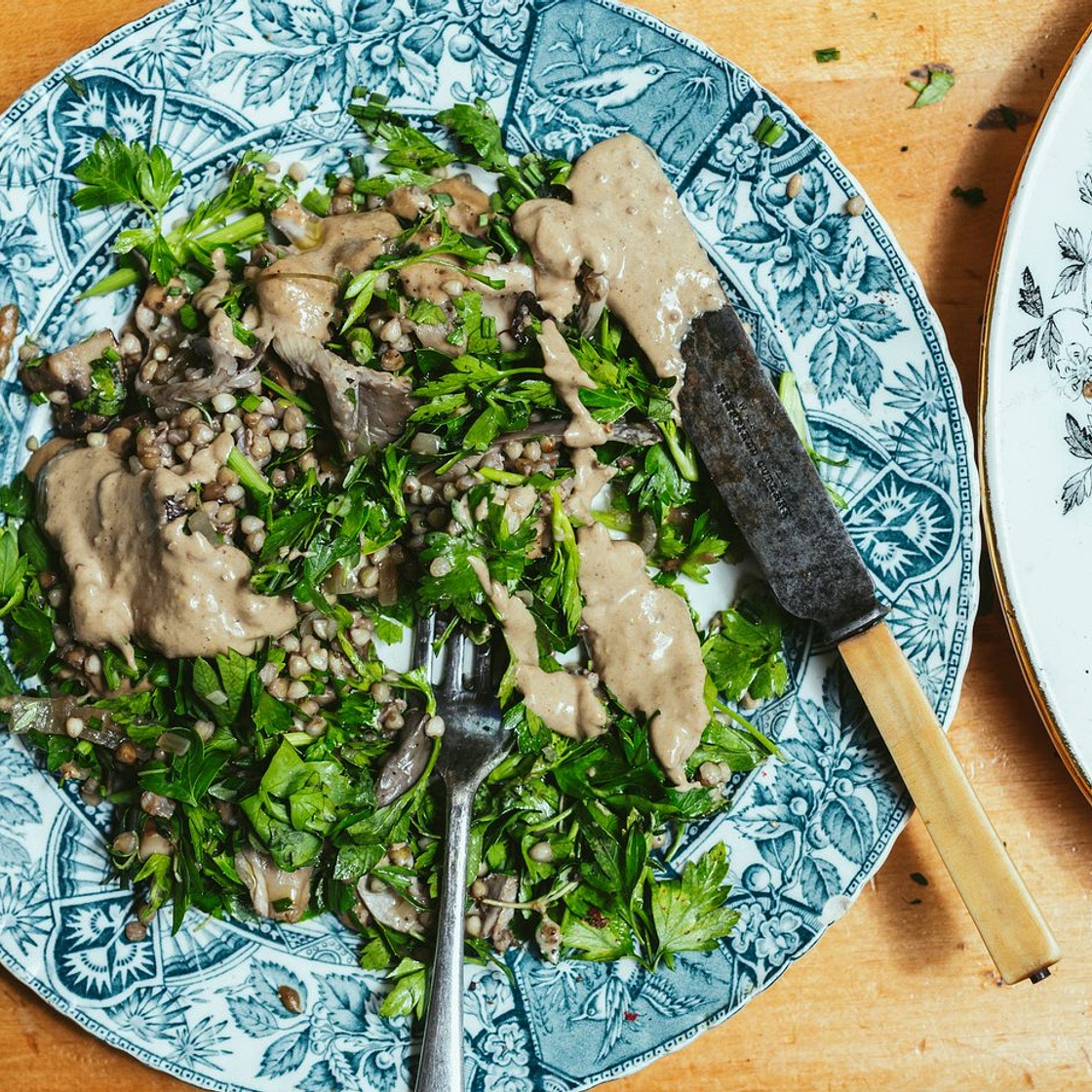 Buckwheat mushroom salad with tahini mustard dressing
