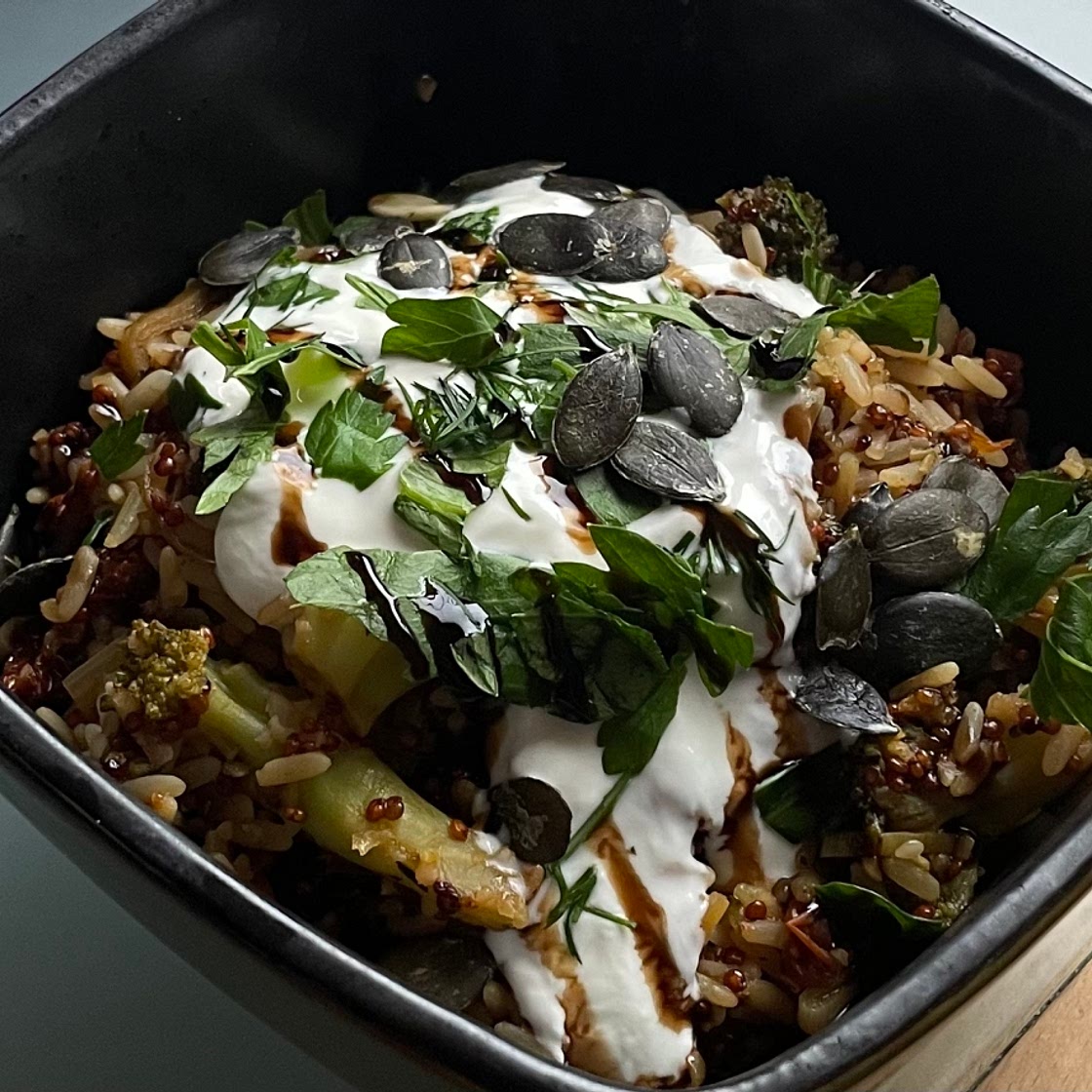 Smoky grains with eggs & harissa butter