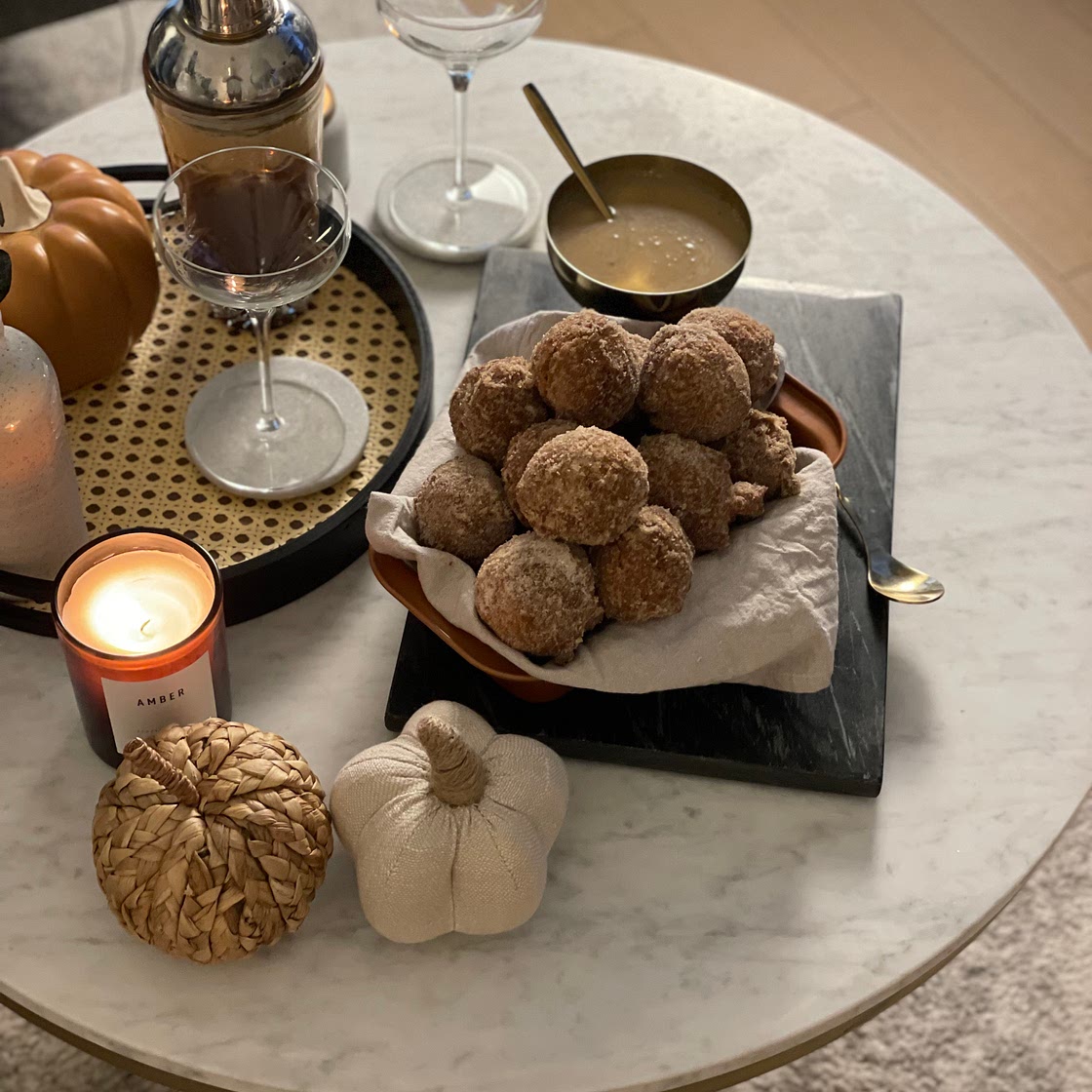 Pumpkin Doughnuts with Spiced White Chocolate Dipping Sauce