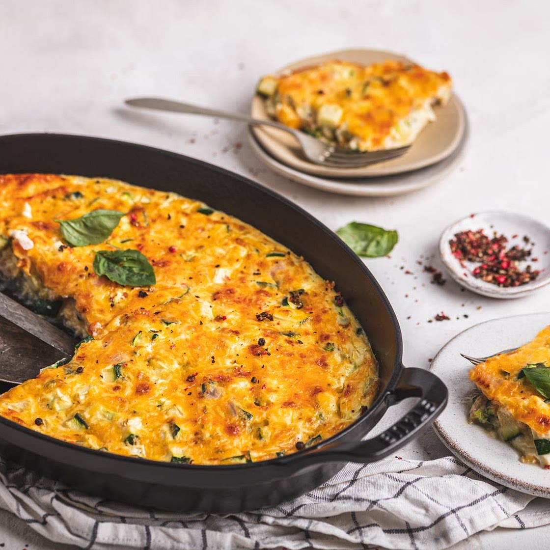 Keto egg casserole with zucchini and ham