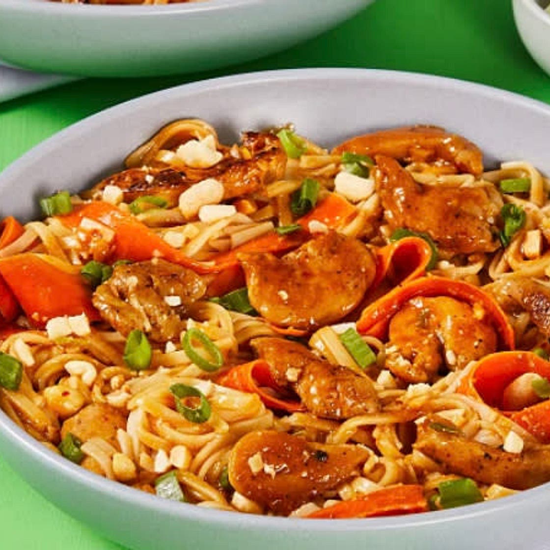 Chicken Satay Noodle Toss with Carrot Ribbons & Peanuts