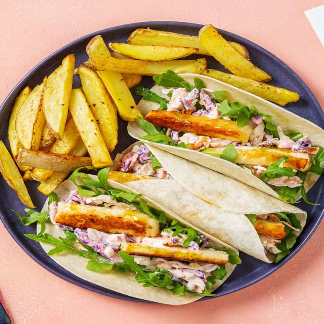 Paprika, Lime & Honey Glazed Halloumi Wraps with Garlic Soured Cream Slaw and Cajun Chips