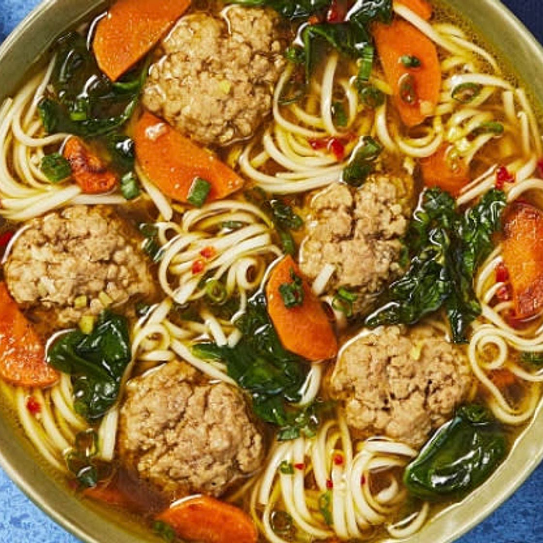 Pork Meatball Ramen with Spinach, Carrots, & Chili Oil